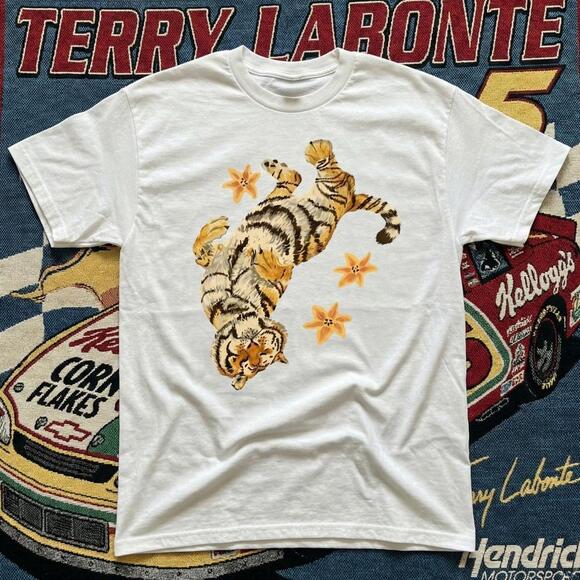 Tops - Cute Tiger T Shirt Playfull Rolling Big Cat Art Graphic Tee White